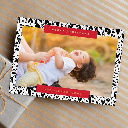 Merry Christmas black red white text photo florals Foil Holiday Card