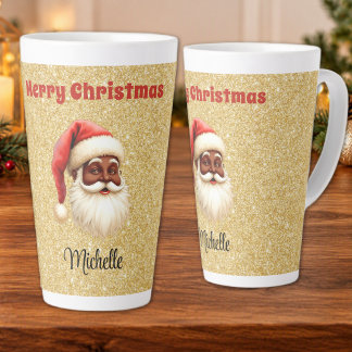 Merry Christmas Black Santa Claus Gold Glitter Latte Mug