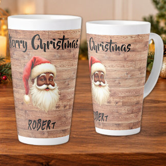 Merry Christmas Black Santa Claus on Wood Latte Mug