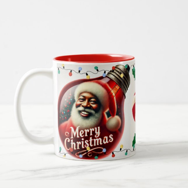 Merry Christmas Black Santa Lights Two-Tone Coffee Mug (Left)