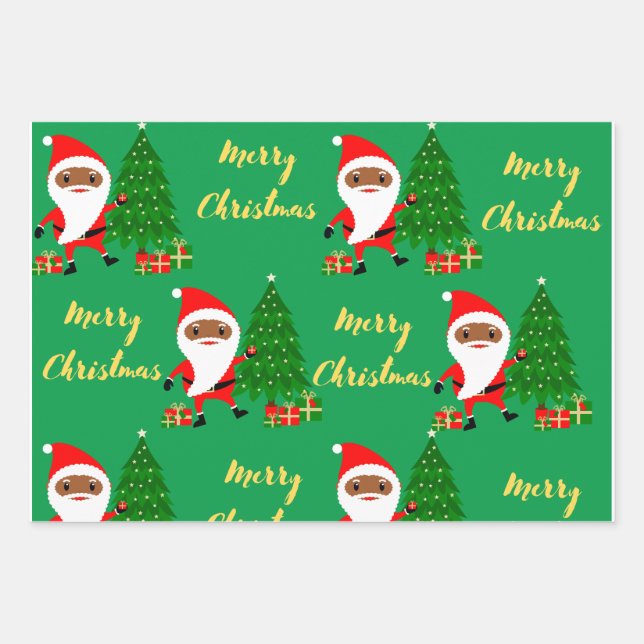 Merry Christmas Black Santa Wrapping Paper Sheets (Front)
