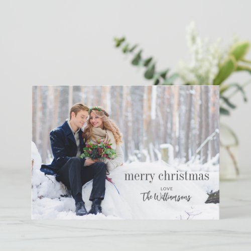 Merry Christmas Black Script Side Overlay Photo Holiday Card