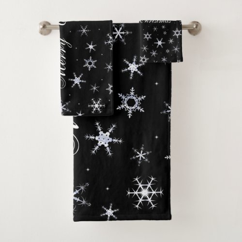Merry Christmas Black Snowflakes Bath Towel Set