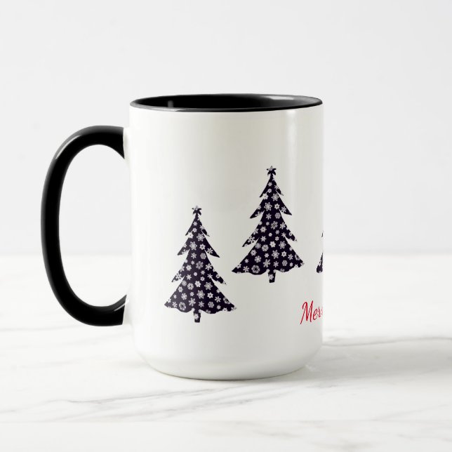 Merry Christmas, black trees with falling snow Mug (Left)