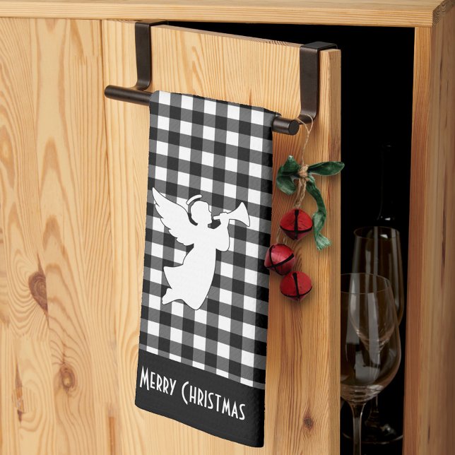 Merry Christmas Black & White Buffalo Plaid Angel Kitchen Towel (Creator Uploaded)