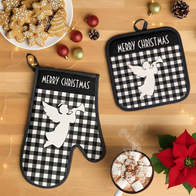 Merry Christmas Black & White Buffalo Plaid Angel Oven Mitt & Pot Holder Set (Creator Uploaded)