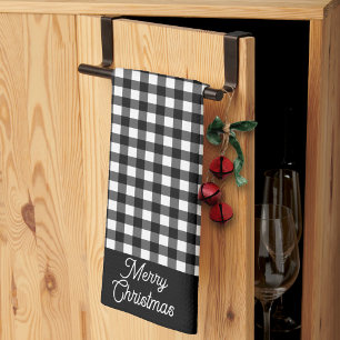 Merry Christmas Black & White Buffalo Plaid Kitchen Towel