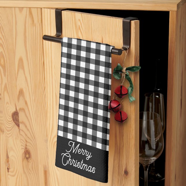 Merry Christmas Black & White Buffalo Plaid Kitchen Towel (Creator Uploaded)