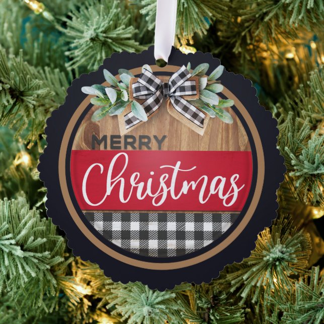 Merry Christmas Black White Buffalo Plaid Ornament Card (Insitu (Tree))