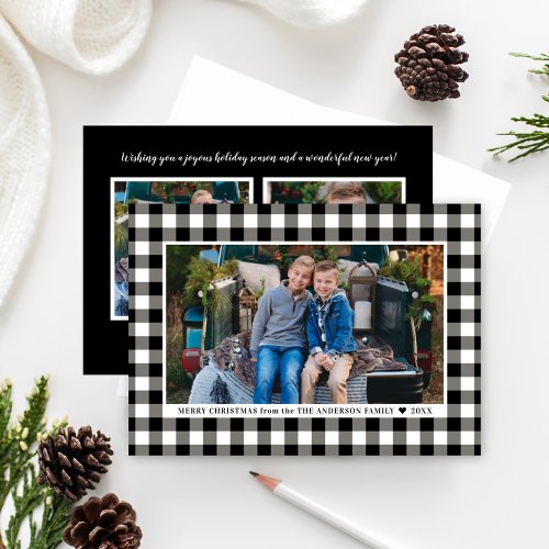 Merry Christmas Black White Buffalo Plaid Photo Holiday Card