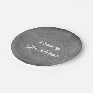 Merry Christmas Black White Chalkboard Typography Paper Plates