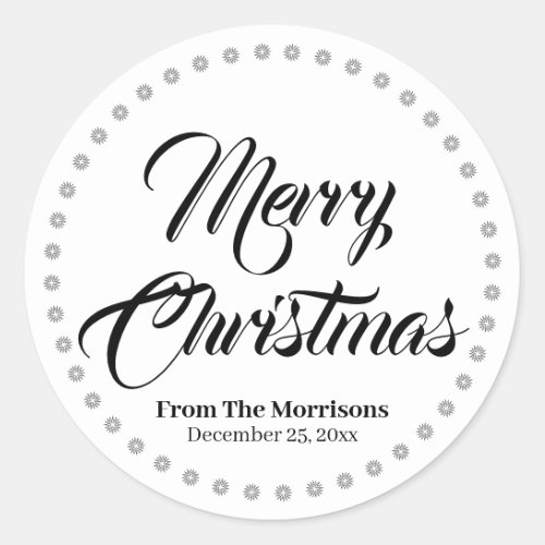 Merry Christmas black white custom script cute Classic Round Sticker