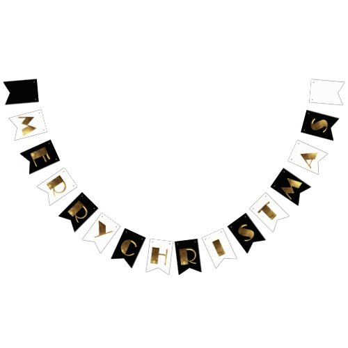 Merry Christmas Black White Gold Text Typography Bunting Flags