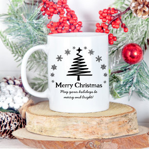 merry christmas black white holiday tree snowy coffee mug