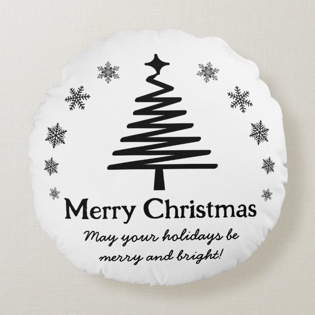 merry christmas black white holiday tree snowy round pillow (Front)
