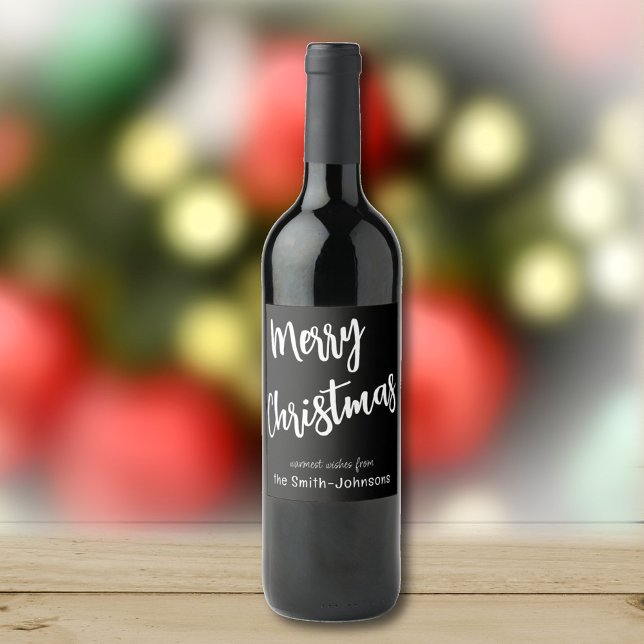 Merry Christmas Black & White, Name on Set of 6 Wine Label (Creator Uploaded)