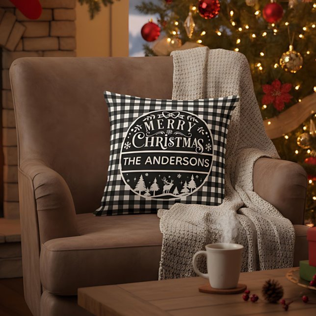 Merry Christmas Black & White Plaid Custom Name Throw Pillow (Creator Uploaded)