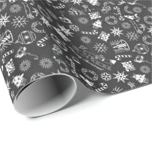 Merry Christmas Black White Santa Wreath Candle Wrapping Paper