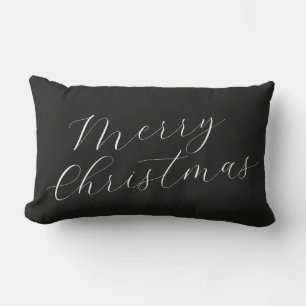 Merry Christmas Black White Script Modern Elegant Lumbar Pillow