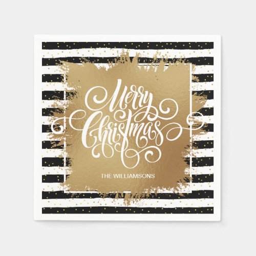 Merry Christmas Black White Stripes Gold Faux Foil Napkins