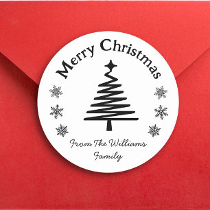 merry christmas black white tree&snowflakes classic round sticker