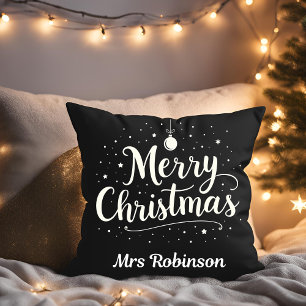Merry Christmas Black White Trendy Custom Name Throw Pillow