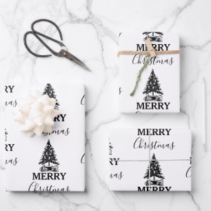 Merry Christmas Black & White Vintage Xmas Tree Wrapping Paper Sheets