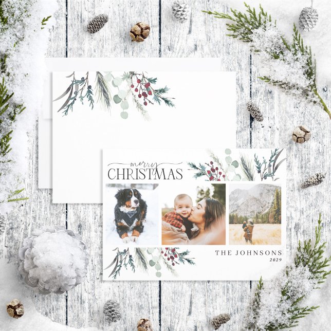 Merry Christmas Black Winter Botanical Photo Holid Holiday Card (Creator Uploaded)