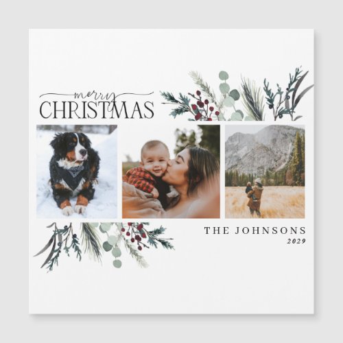 Merry Christmas Black Winter Floral Photo Magnet