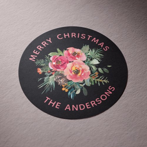 Merry Christmas Black winter floral pine branch Classic Round Sticker