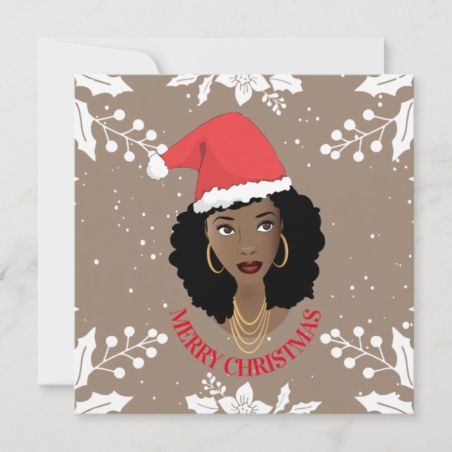 Merry Christmas, Black Woman, Red Santa Hat, Brown Card (Front)