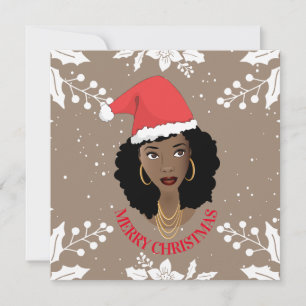 Merry Christmas, Black Woman, Red Santa Hat, Brown Card