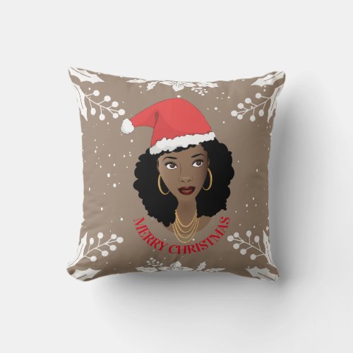 Merry Christmas Black Woman Red Santa Hat Brown Throw Pillow
