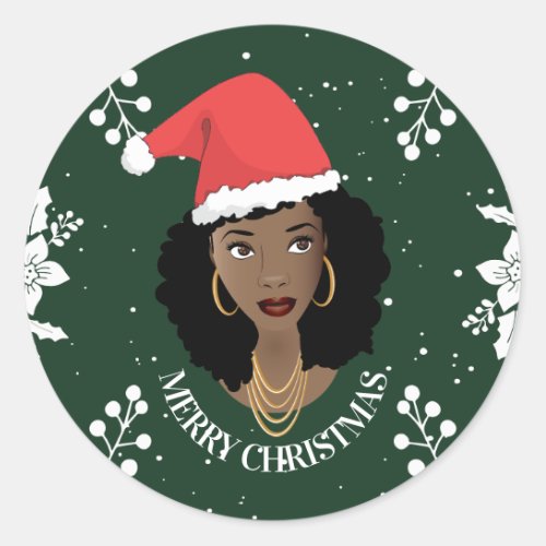 Merry Christmas Black Woman Red Santa Hat Green Classic Round Sticker