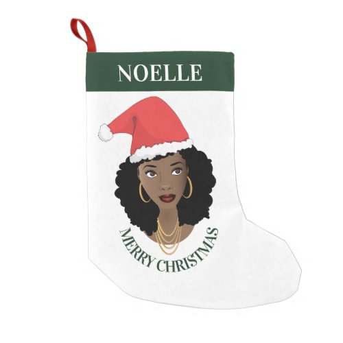 Merry Christmas Black Woman Red Santa Hat Green Small Christmas Stocking