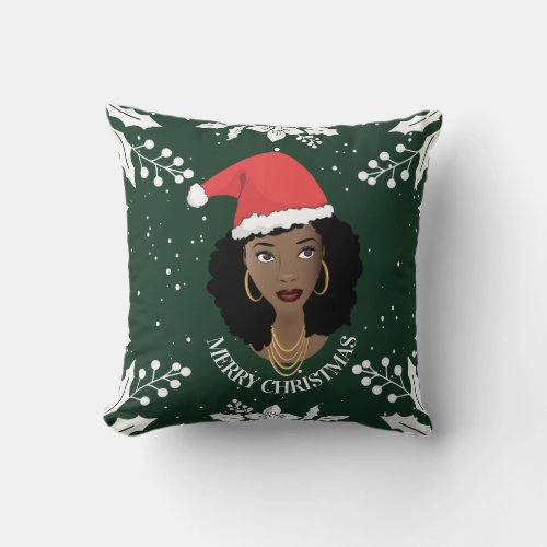 Merry Christmas Black Woman Red Santa Hat Green Throw Pillow