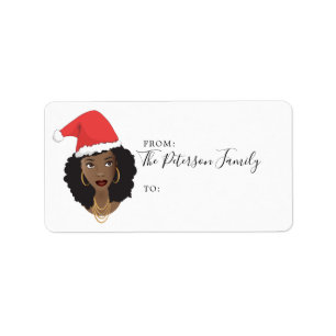 Merry Christmas, Black Woman, Red Santa Hat Label