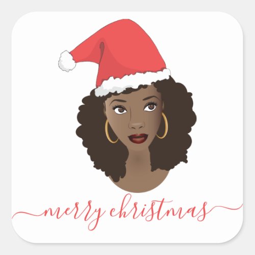 Merry Christmas Black Woman Red Santa Hat Square Sticker