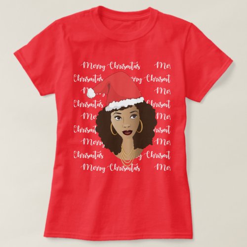 Merry Christmas Black Woman Red Santa Hat T_Shir T_Shirt