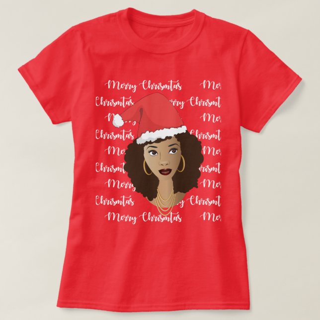 Merry Christmas, Black Woman, Red Santa Hat T-Shir T-Shirt (Design Front)