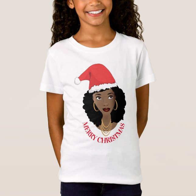 Merry Christmas, Black Woman, Red Santa Hat T-Shirt (Front)