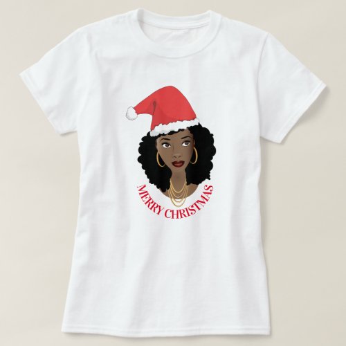 Merry Christmas Black Woman Red Santa Hat T_Shirt