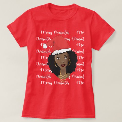 Merry Christmas Black Woman Red Santa Hat T_Shirt