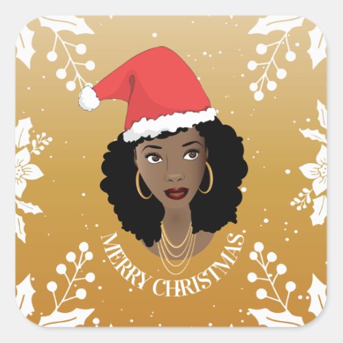 Merry Christmas Black Woman Red Santa Yellow Square Sticker