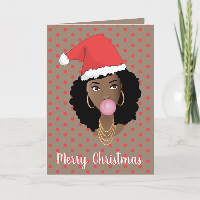 Merry Christmas! Black Woman, Santa Hat, Bubblegum Card (Front)