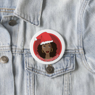 Merry Christmas, Black Woman Santa Hat Button