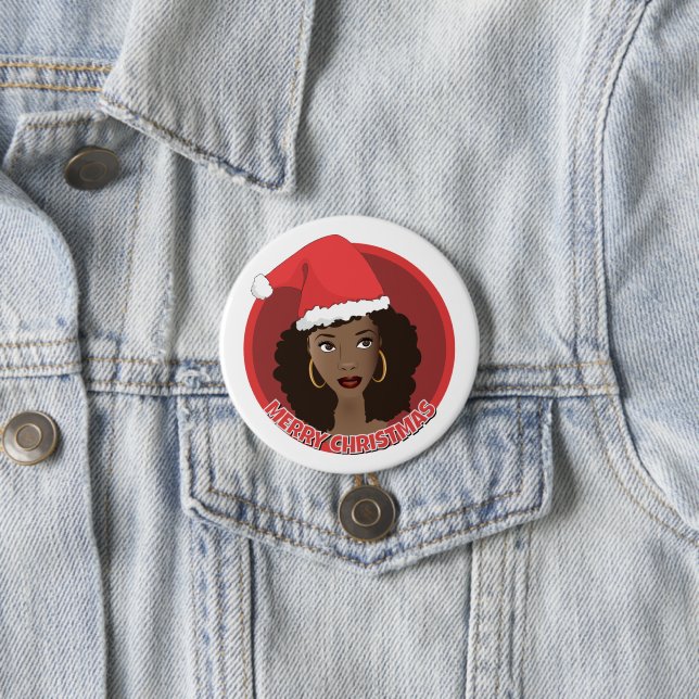 Merry Christmas, Black Woman Santa Hat Button (In Situ)