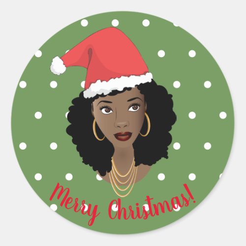 Merry Christmas Black Woman Santa Hat Dots Green Classic Round Sticker