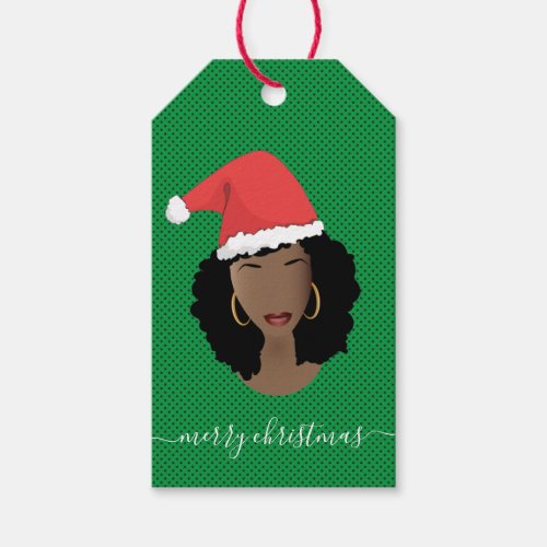 Merry Christmas Black Woman Santa Hat Green Gift Tags