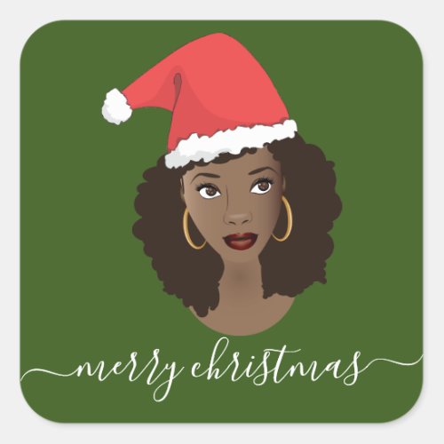 Merry Christmas Black Woman Santa Hat Green Square Sticker